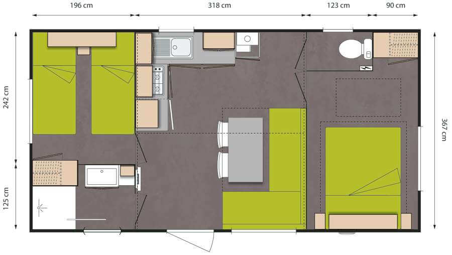 Plan d’un mobil-home 2 chambres avec séjour et cuisine ouverte